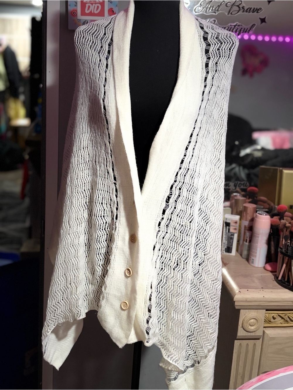 NWOT Vintage Ivory Open-Weave Chevron Button Front Cardigan Sweater-OS